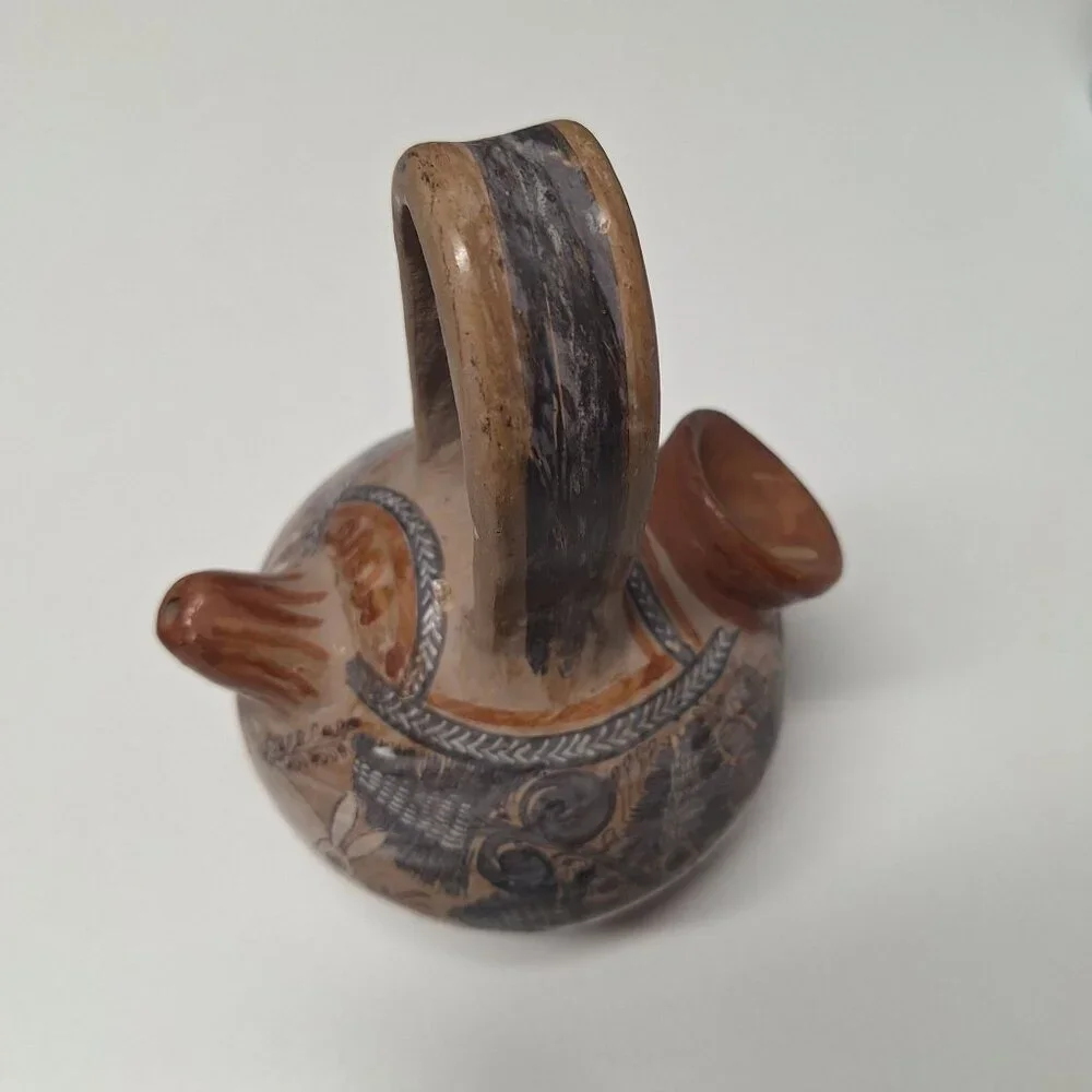 Tonala Pottery Double Spout Water Jug Rabbit Floral Agave Design Mexico Folk Art